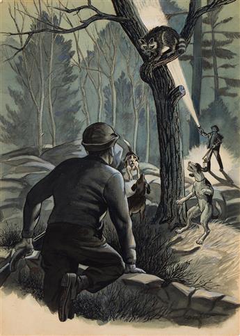 ISRAEL DOSKOW (1881 - 1969) Raccoon trapped by hunters and dog.                                                                                  